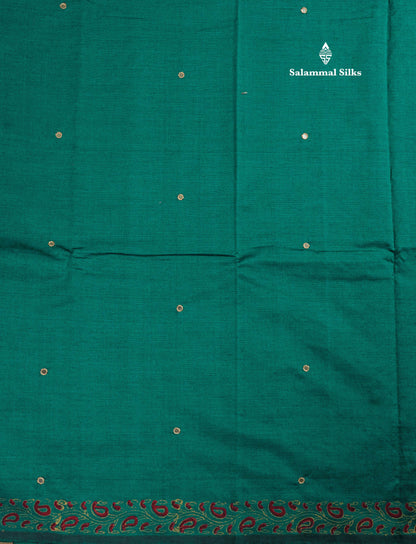 Peacock Green Mixed Cotton Small Mirror Saree With Contrast Sandal Printed Blouse