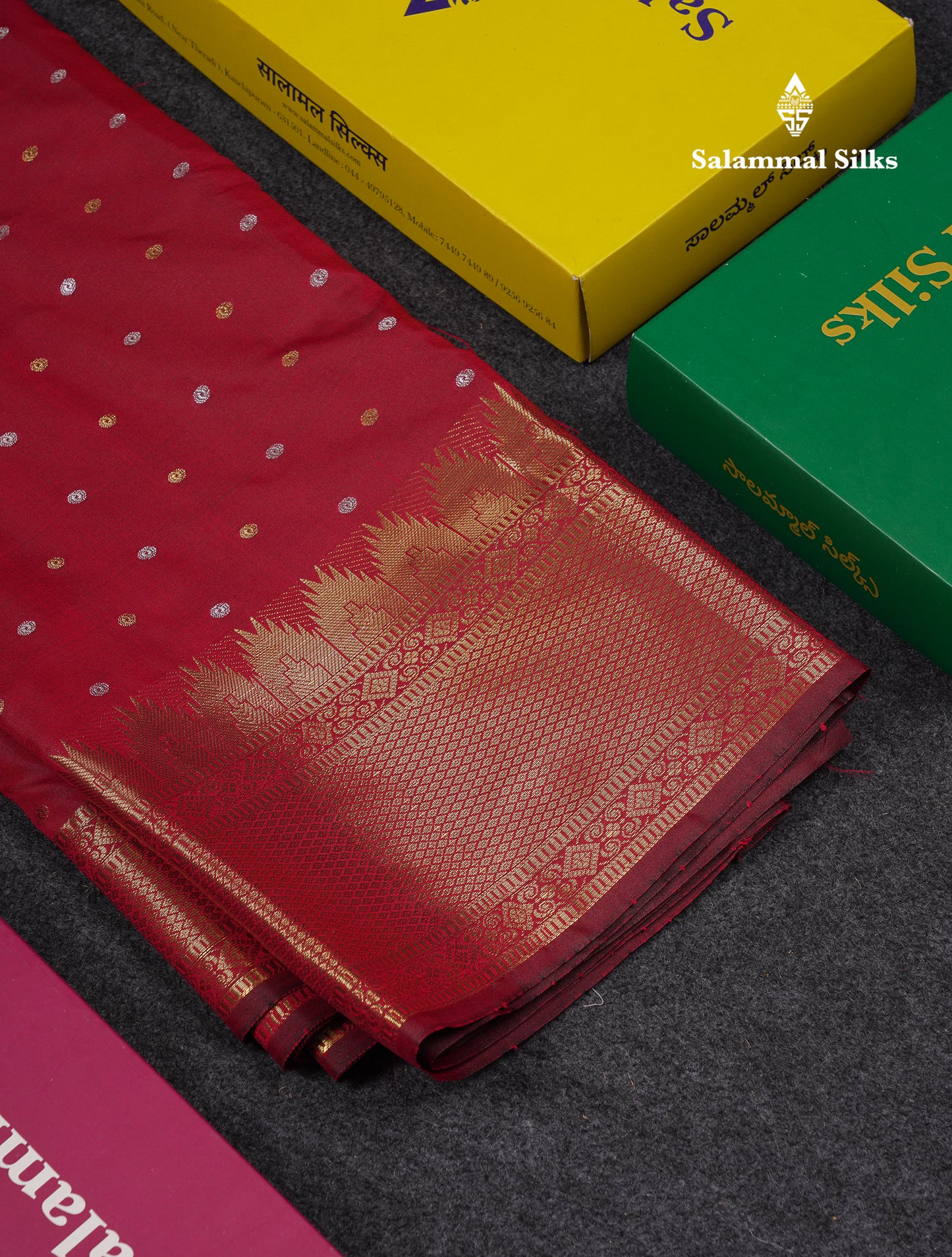 Beautiful Dark Magenta Silver & Gold Buttas Mixed Cotton Fancy Saree With Traditional Evening Morning Temple Border