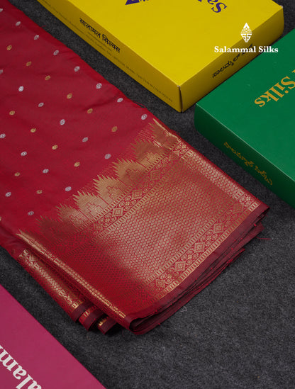 Beautiful Dark Magenta Silver & Gold Buttas Mixed Cotton Fancy Saree With Traditional Evening Morning Temple Border