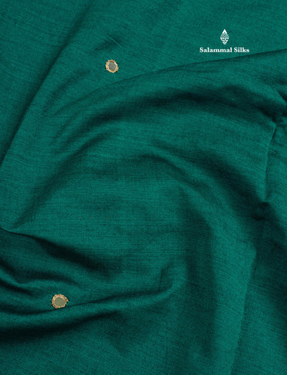 Peacock Green Mixed Cotton Small Mirror Saree With Contrast Sandal Printed Blouse