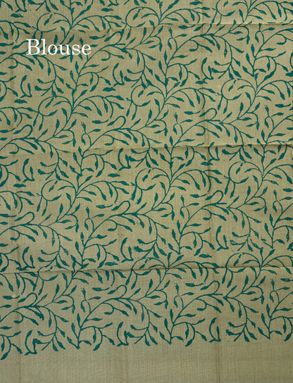 Peacock Green Mixed Cotton Small Mirror Saree With Contrast Sandal Printed Blouse