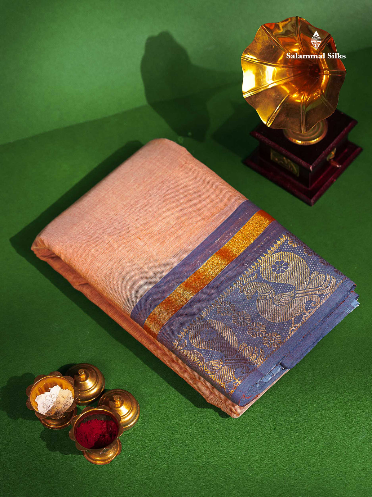Chettinad Pure Cotton Saree - Peach Colour Body Plain With Dual Tone  Blue Border 