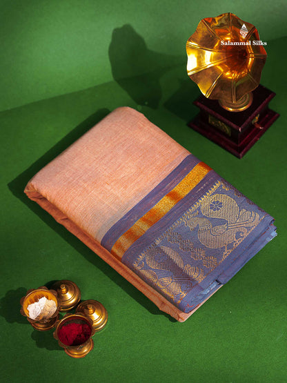 Chettinad Pure Cotton Saree - Peach Colour Body Plain With Dual Tone  Blue Border 