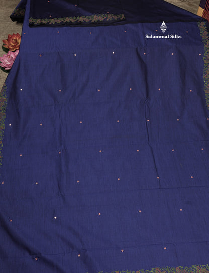 Peacock Green Mixed Cotton Small Mirror Saree With Contrast Sandal Printed Blouse