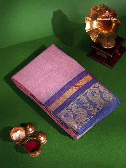 Chettinad Pure Cotton Saree - Light Pink Colour Body Plain With Dual Tone Violet Border 