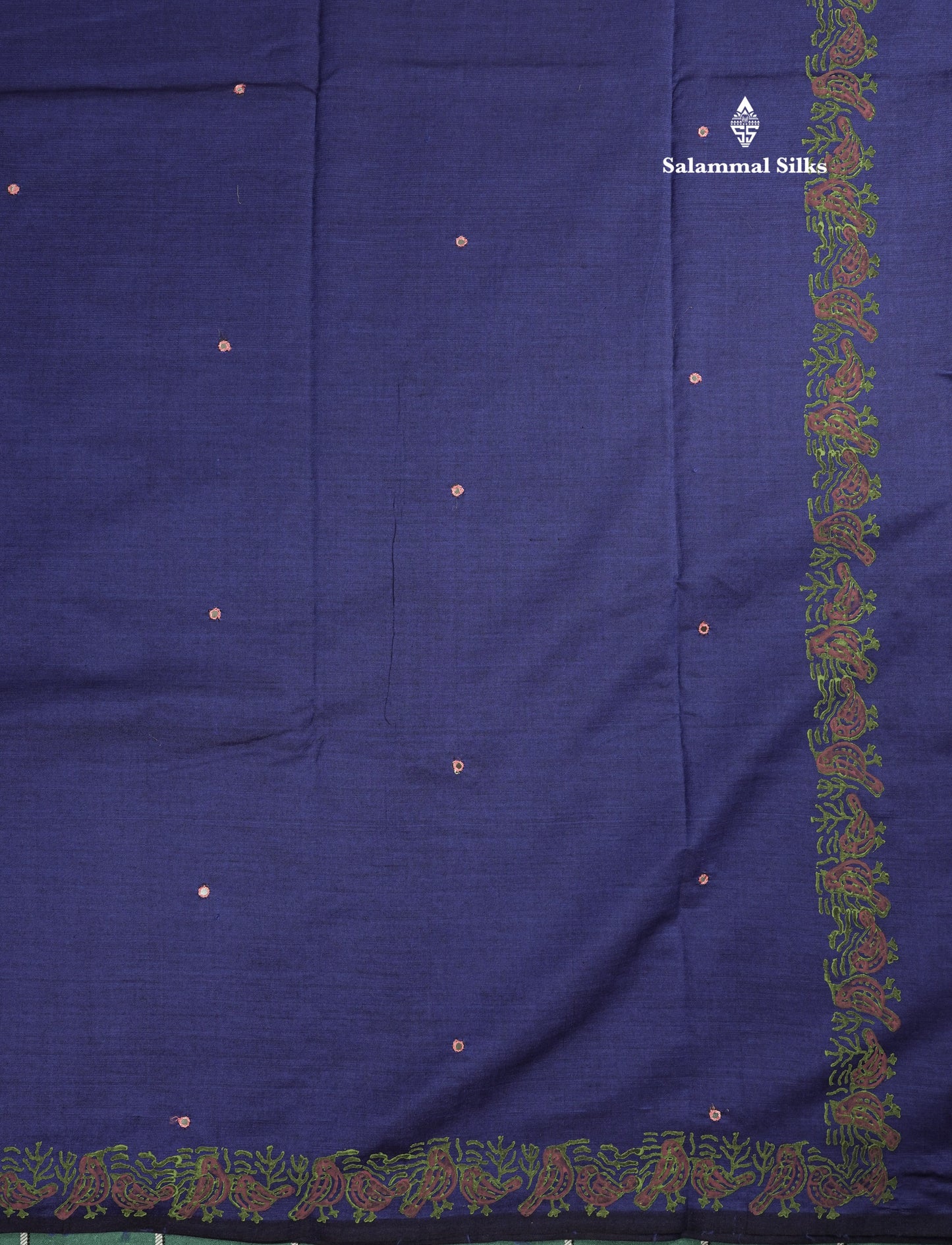 Peacock Green Mixed Cotton Small Mirror Saree With Contrast Sandal Printed Blouse