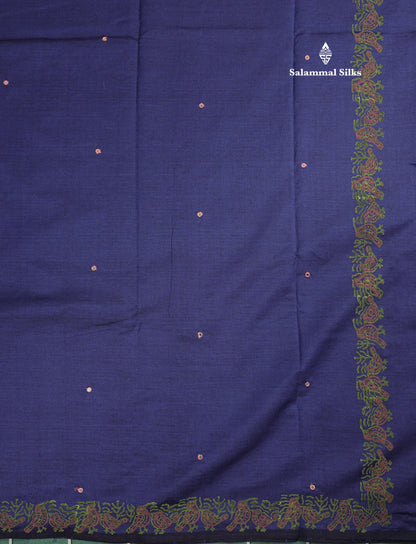 Peacock Green Mixed Cotton Small Mirror Saree With Contrast Sandal Printed Blouse
