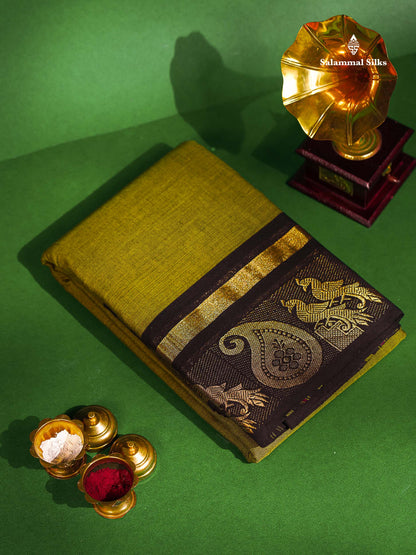 Chettinad Pure Cotton Saree - Olive Green Colour Body Plain With Black Border 