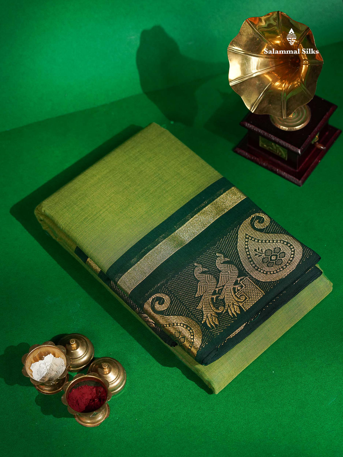 Chettinad Pure Cotton Saree - Light Green Colour Body Plain With Teal Green Border