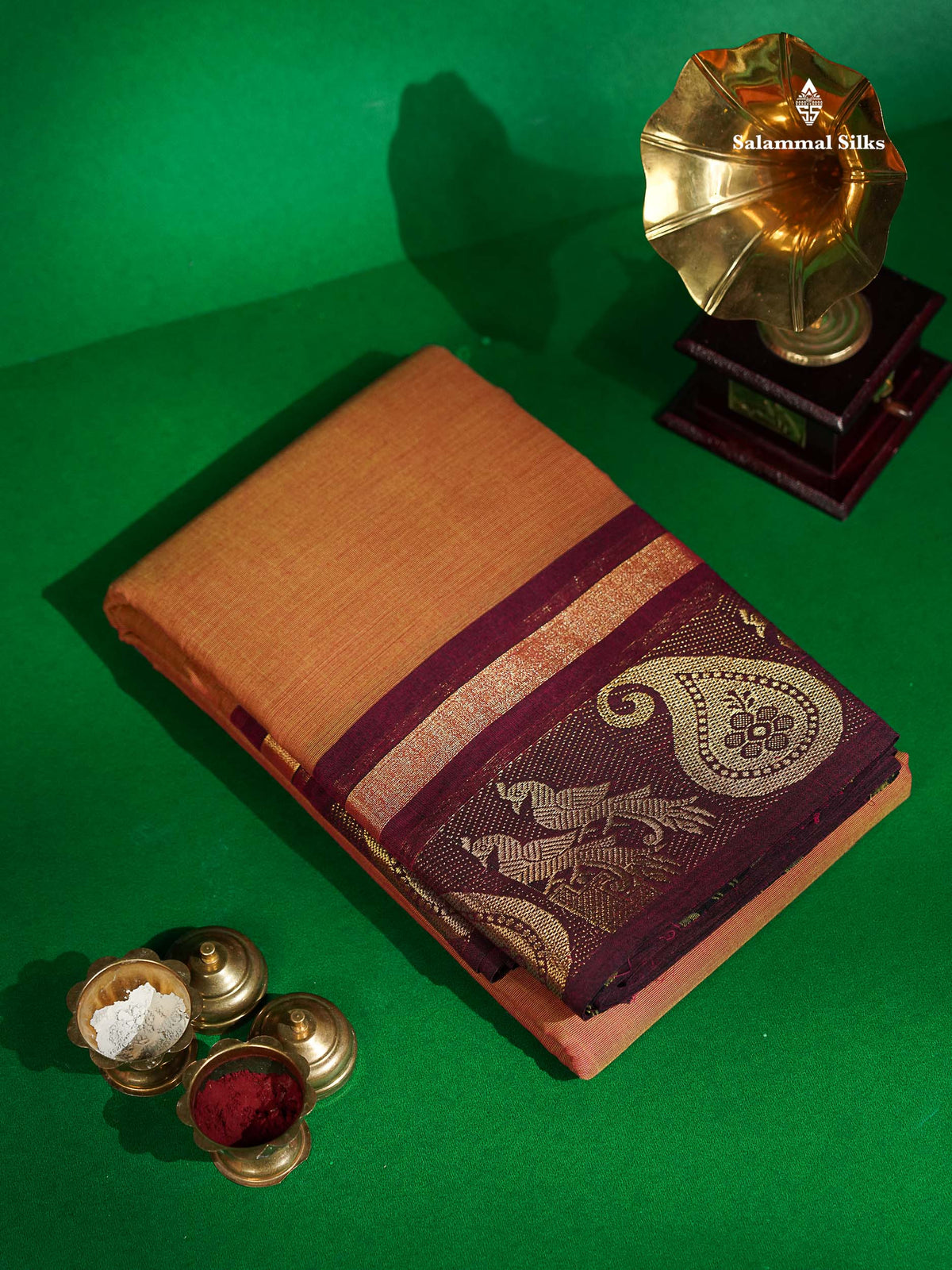 Chettinad Pure Cotton Saree - Light Rust Orange Colour Body Plain With Magenta Border 