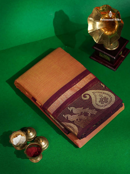 Chettinad Pure Cotton Saree - Light Rust Orange Colour Body Plain With Magenta Border 
