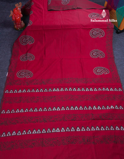 Beautiful Dark Maroon South Cotton Printed Saree With Contrast Grey White Blouse