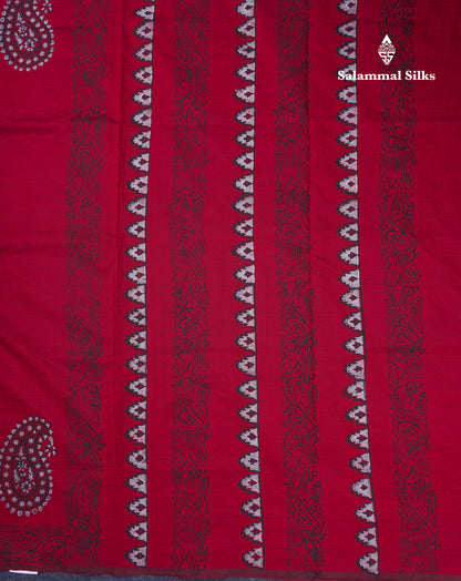 Beautiful Dark Maroon South Cotton Printed Saree With Contrast Grey White Blouse