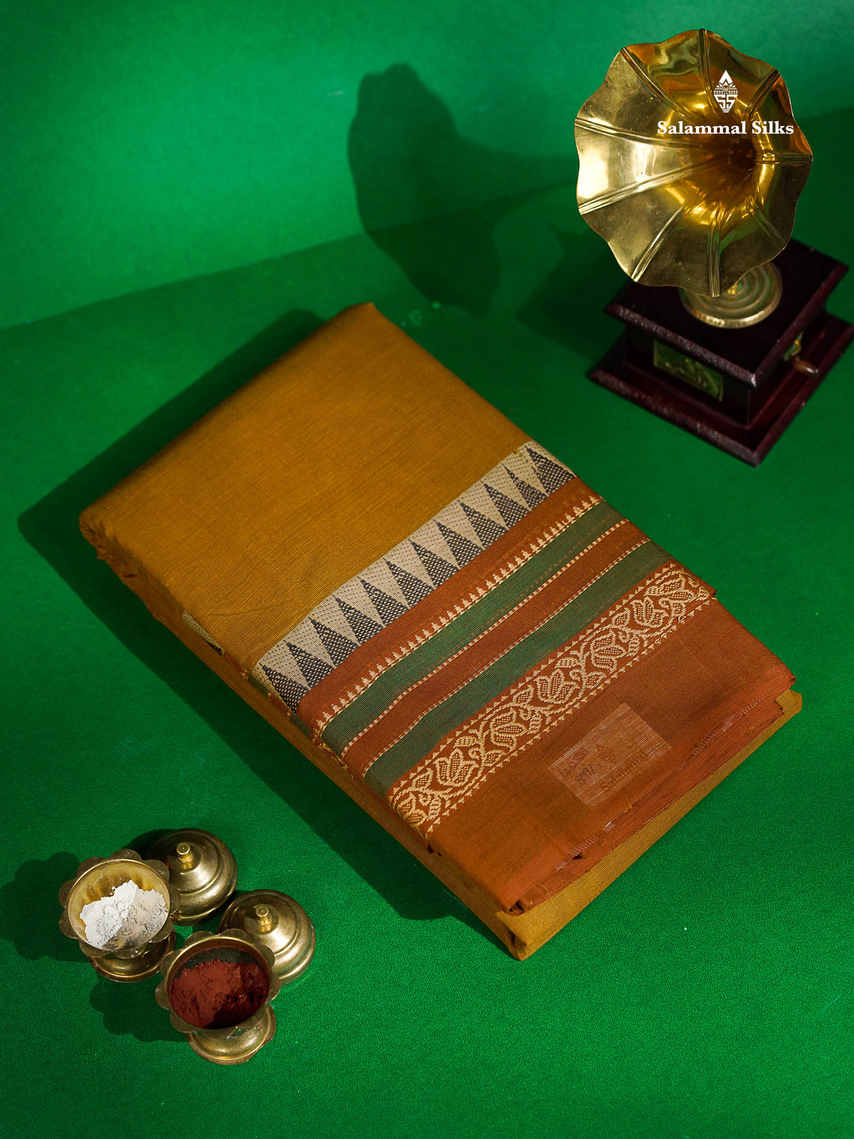 Chettinad Pure Cotton Saree - Mustard Gold Colour Body Plain With Thread Work Border