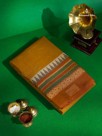 Chettinad Pure Cotton Saree - Mustard Gold Colour Body Plain With Thread Work Border