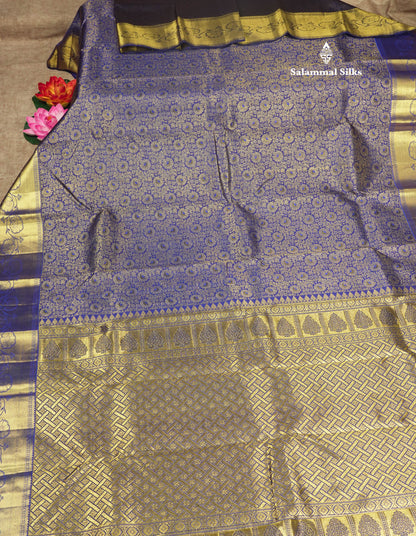 Beautiful Navy Blue Menakari Work Bridal Pure Kanjivaram Silk Saree With Self Border