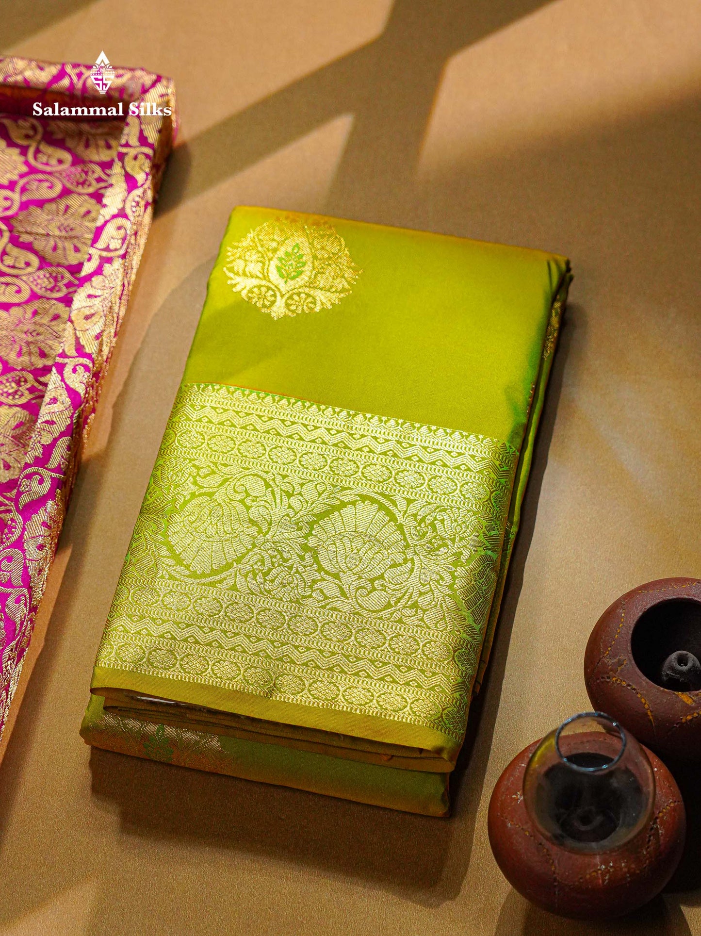 Beautiful Dual Tone Parrot Green Semi Silk Saree With Traditional Evening Morning Border