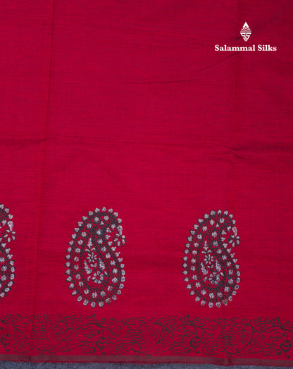 Beautiful Dark Maroon South Cotton Printed Saree With Contrast Grey White Blouse