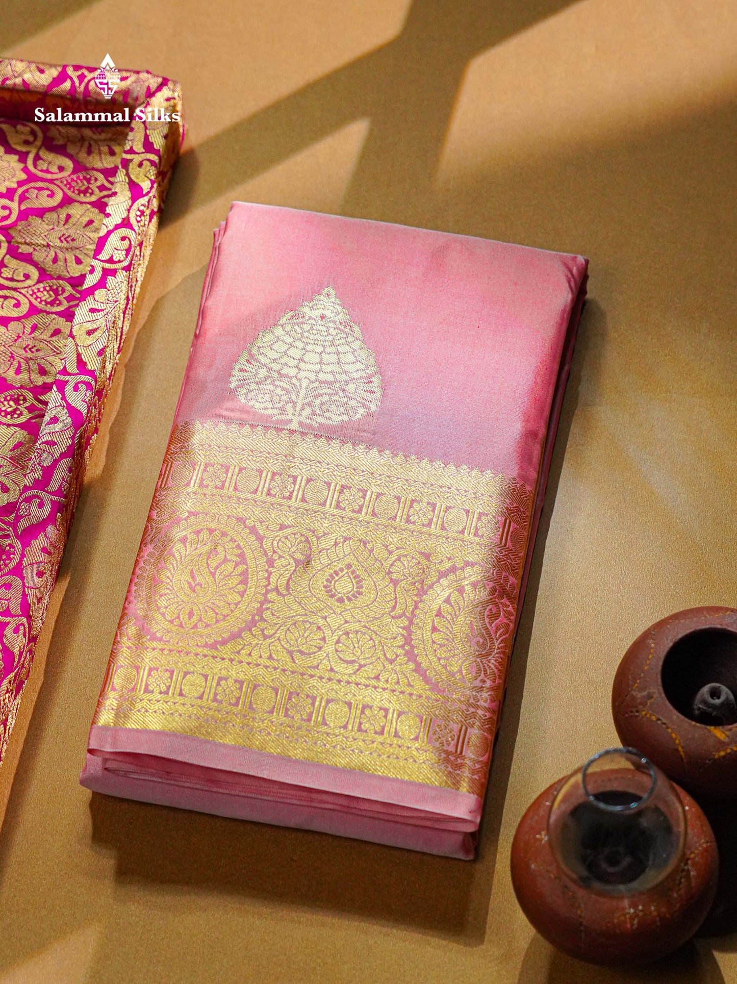 Beautiful Peach Semi Silk Saree With Traditional Evening Morning Border