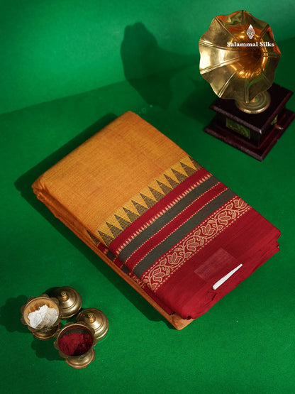 Chettinad Pure Cotton Saree - Mustard Yellow Colour Body Plain With Thread Work Border