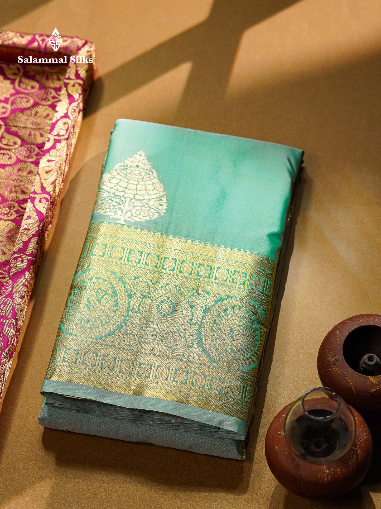 Beautiful Peach Semi Silk Saree With Traditional Evening Morning Border