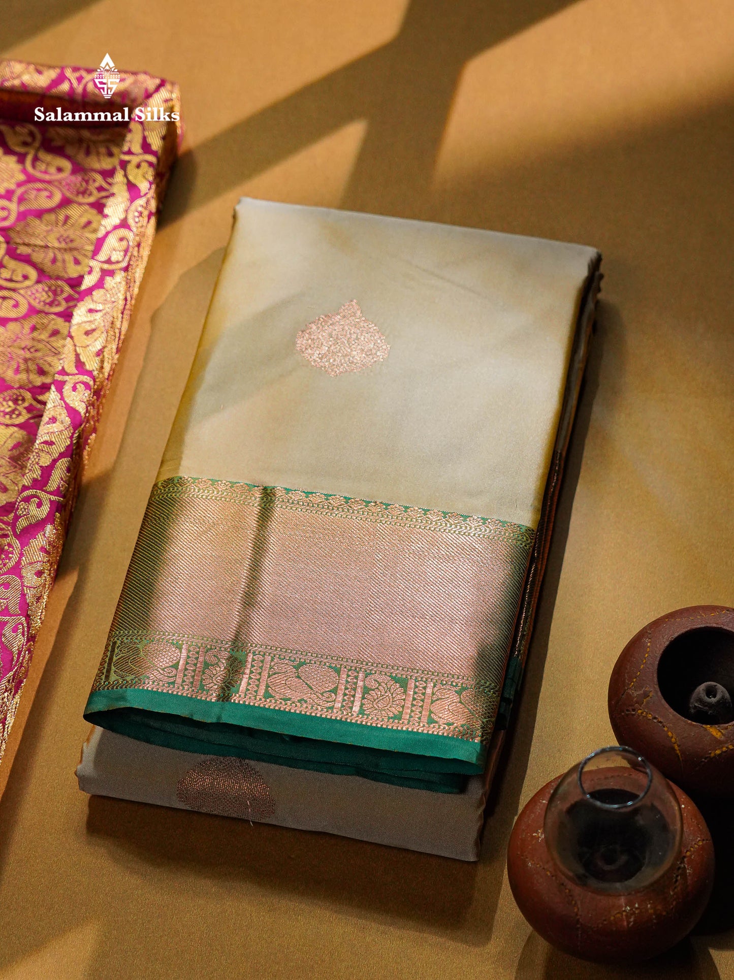 Beautiful Cream Sandal Zari Butta Semi Silk Saree With Contrast Sapphire Green Traditional Border