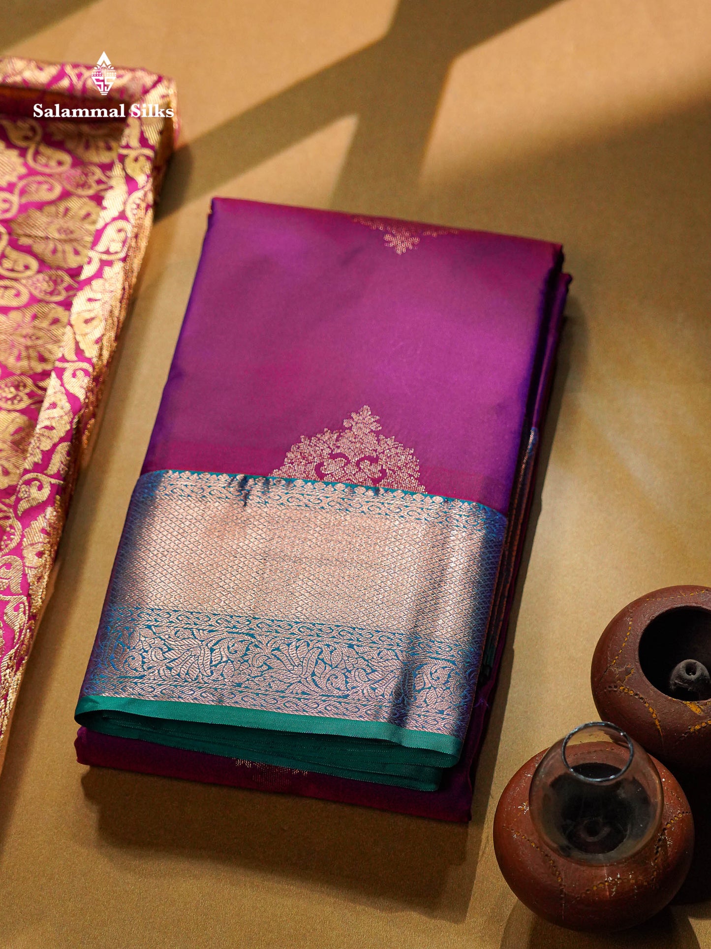 Beautiful Dual Tone Rani Pink Semi Silk Saree With Contrast Peacock Green Traditional Border