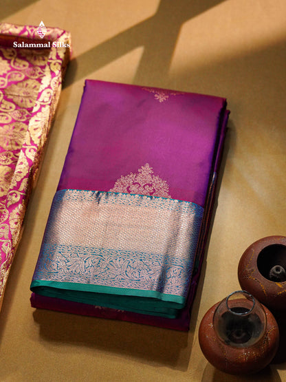 Beautiful Dual Tone Rani Pink Semi Silk Saree With Contrast Peacock Green Traditional Border