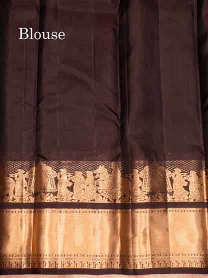 Dark Brown Colour Plain Pure Kanjivaram Silk Saree with Pallakku Border