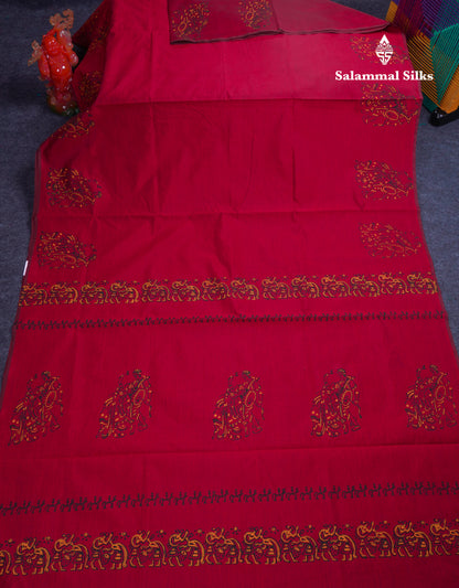 Beautiful Dark Maroon South Cotton Printed Saree With Contrast Mustard Yellow Blouse
