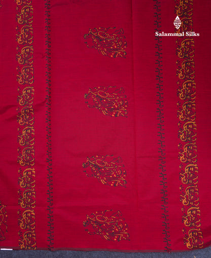 Beautiful Dark Maroon South Cotton Printed Saree With Contrast Mustard Yellow Blouse