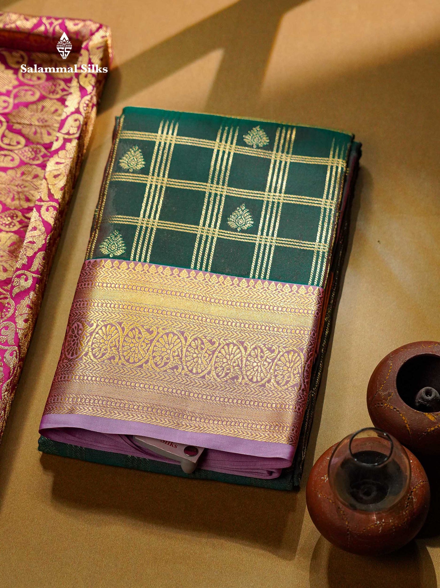 Beautiful Dual Tone Green Checks With Butta Semi Silk Saree With Contrast Lavender Traditional Evening Morning Border