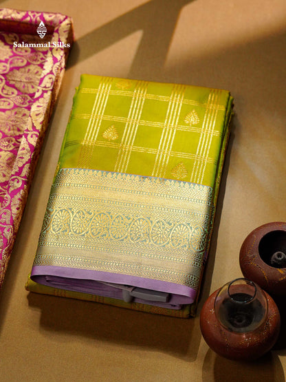 Beautiful Dual Tone Green Checks With Butta Semi Silk Saree With Contrast Lavender Traditional Evening Morning Border