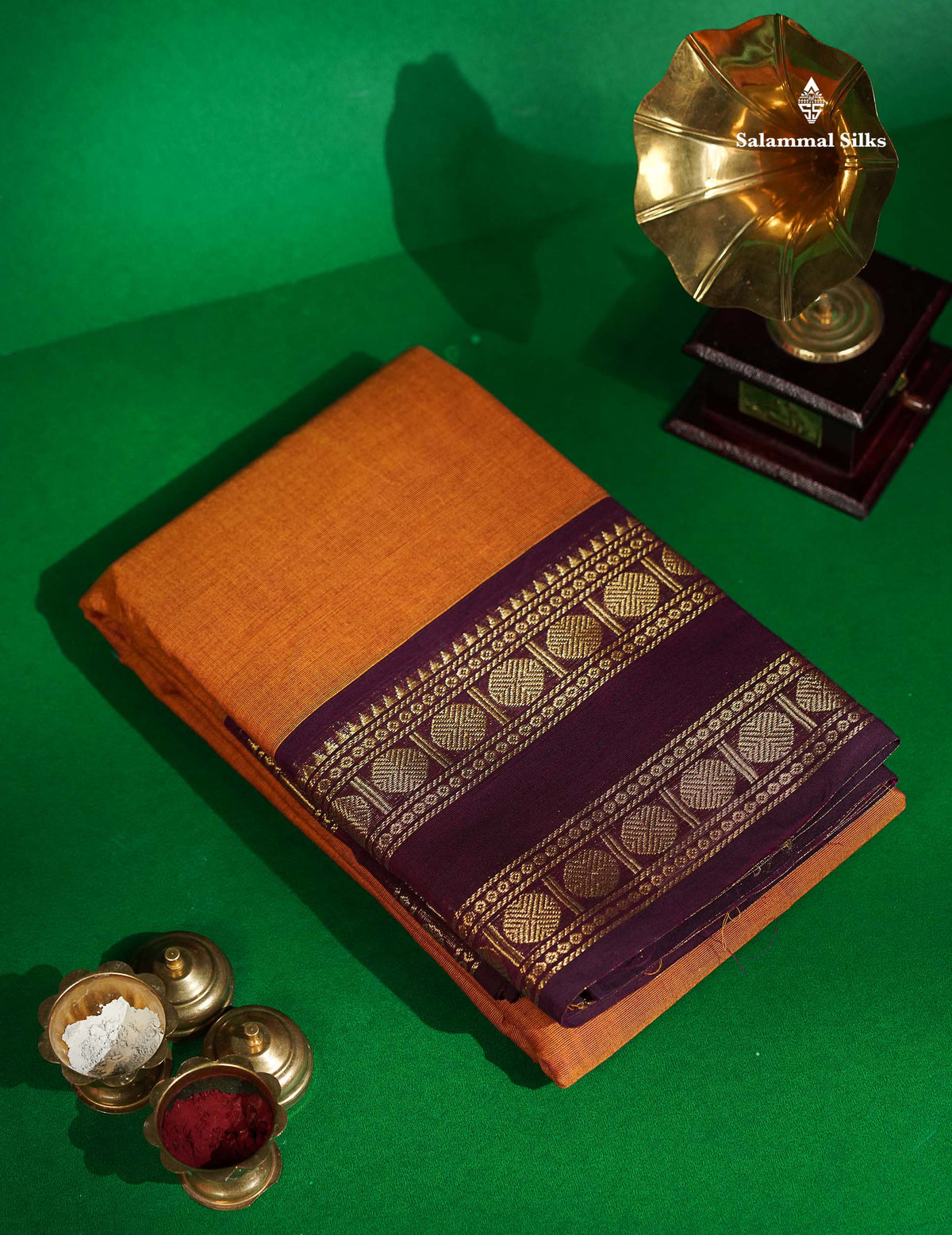 Chettinad Pure Cotton Saree - Rust Orange Colour Body Plain With Traditional Gap Border