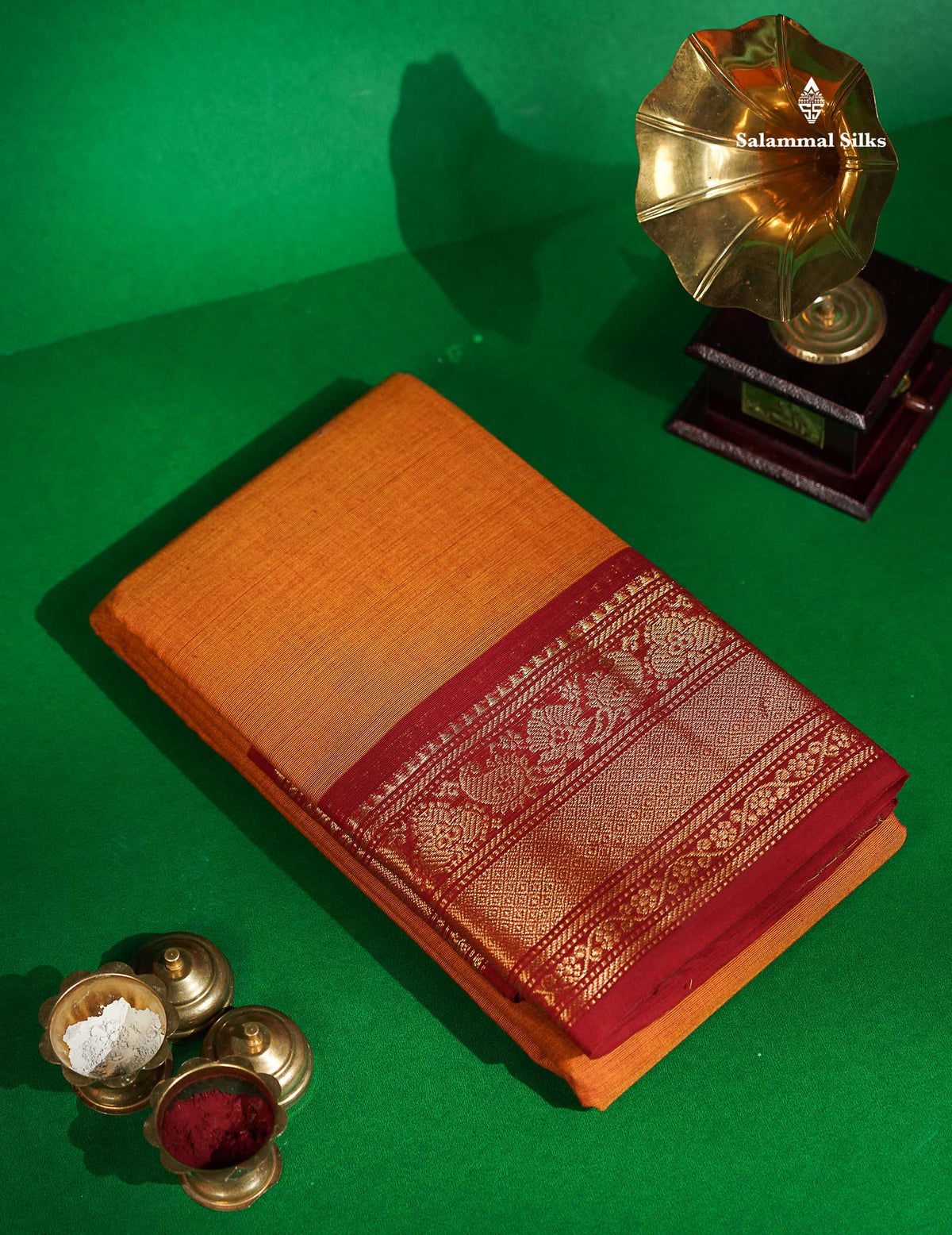 Chettinad Pure Cotton Saree - Orange Colour Body Plain With Chilly Red  Border 
