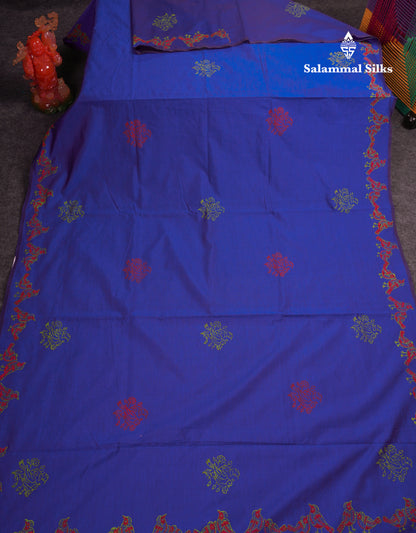 Beautiful Royal Blue South Cotton Printed Saree With Contrast Green White Blouse