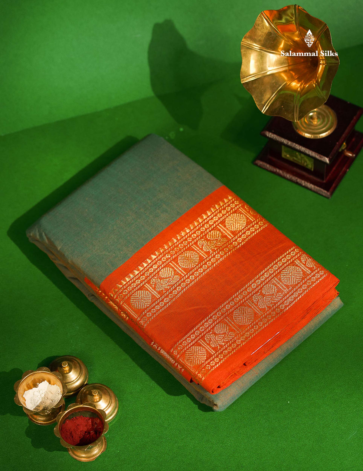 Chettinad Pure Cotton Saree - Dual Tone Olive Green Colour Body Plain With Orange Rettapet Border