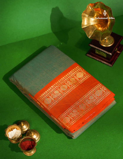Chettinad Pure Cotton Saree - Dual Tone Olive Green Colour Body Plain With Orange Rettapet Border