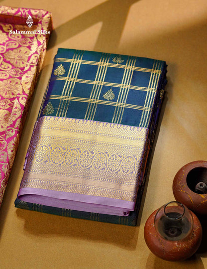 Beautiful Dual Tone Green Checks With Butta Semi Silk Saree With Contrast Lavender Traditional Evening Morning Border