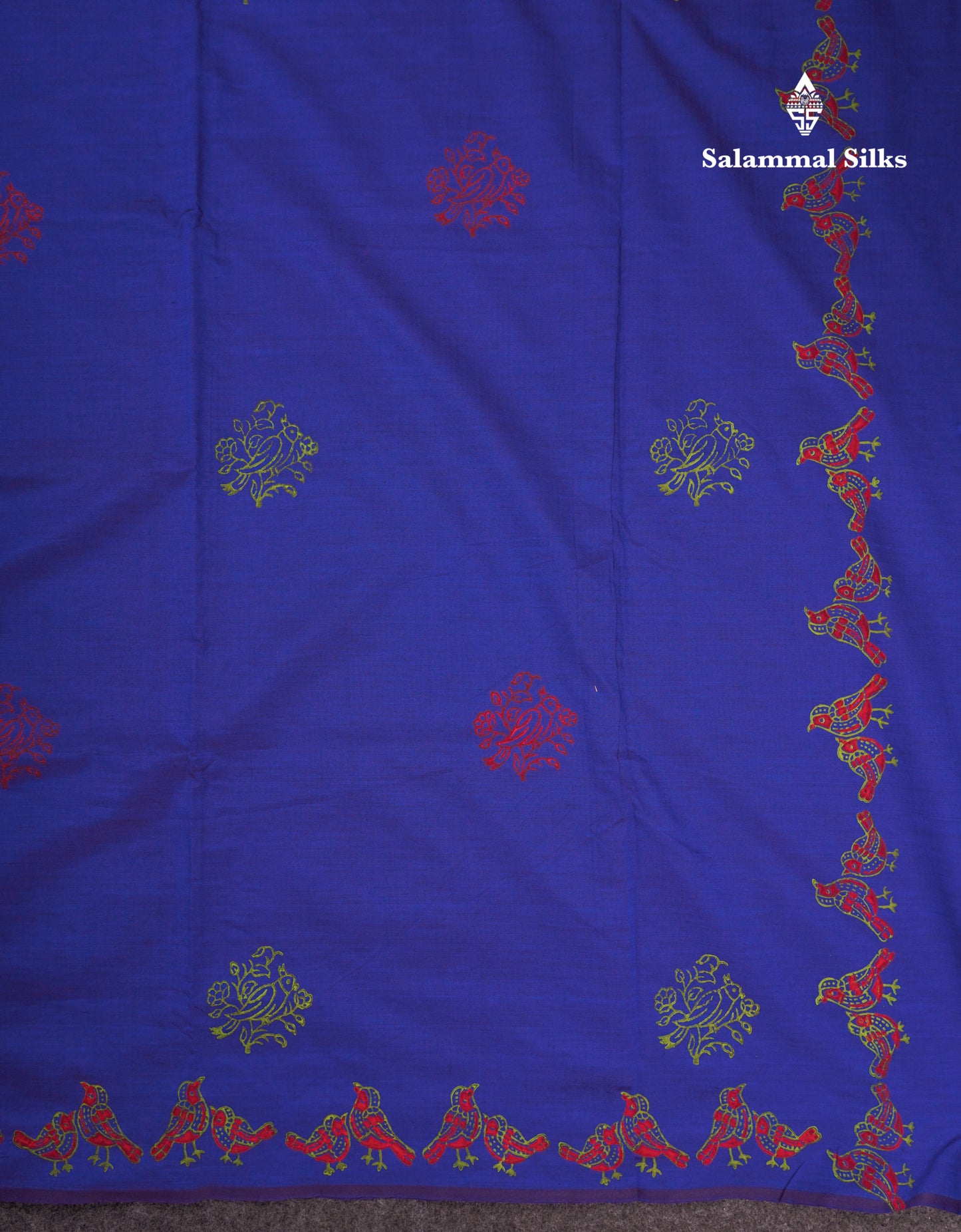 Beautiful Royal Blue South Cotton Printed Saree With Contrast Green White Blouse