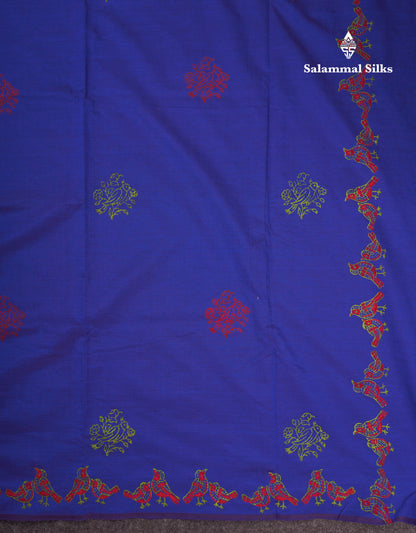 Beautiful Royal Blue South Cotton Printed Saree With Contrast Green White Blouse