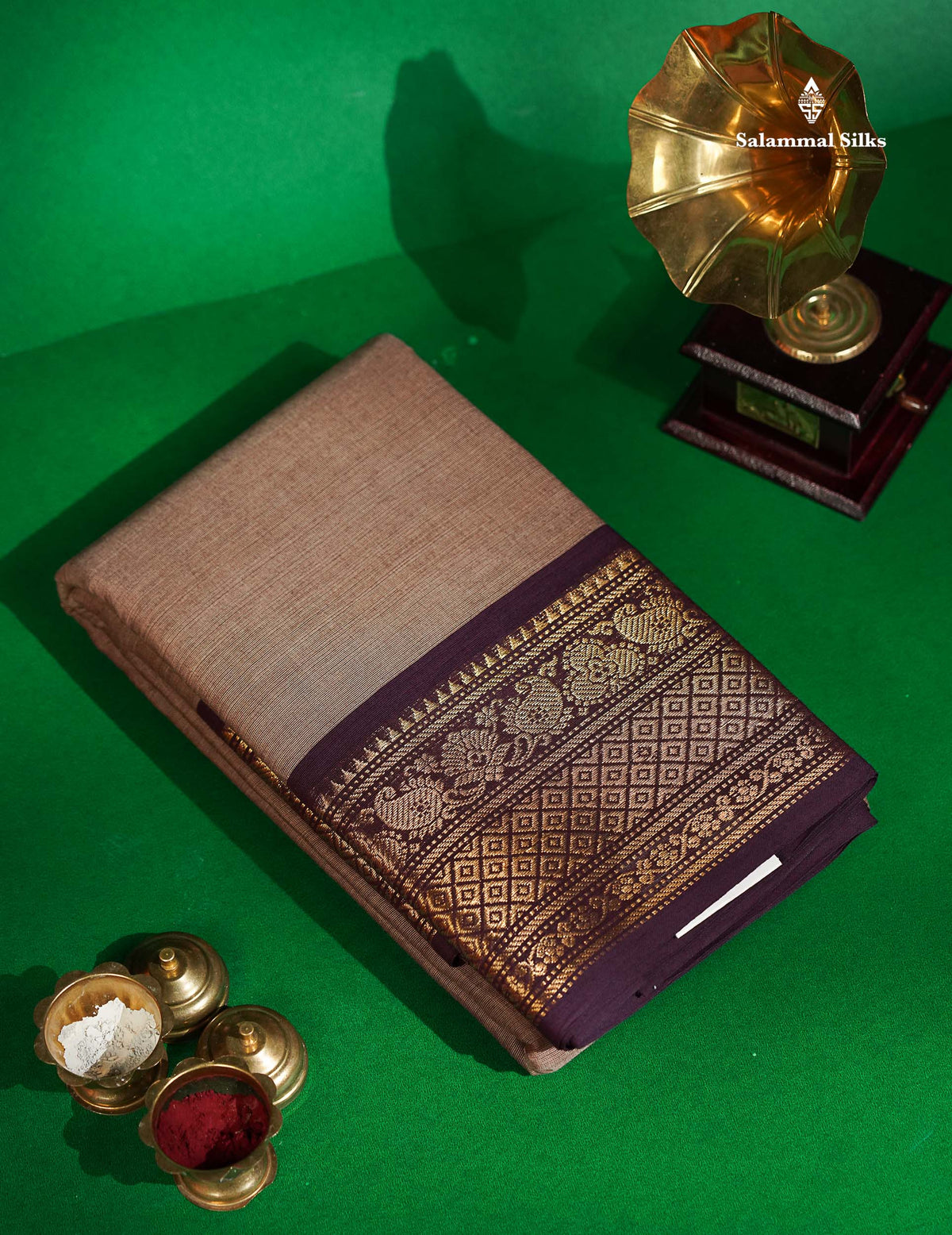 Chettinad Pure Cotton Saree - Light Brown Colour Body Plain With Dark Brown Border 