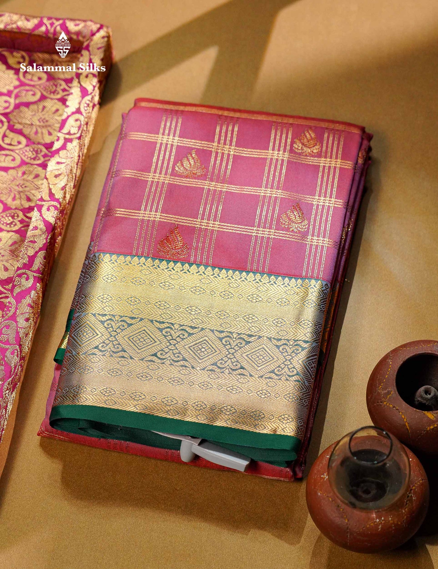 Beautiful Dual Tone Green Checks With Butta Semi Silk Saree With Contrast Lavender Traditional Evening Morning Border