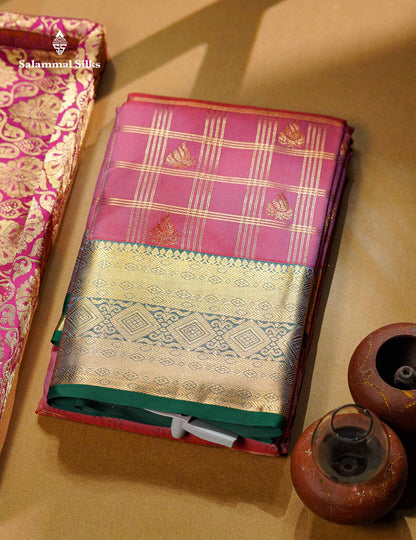 Beautiful Dual Tone Green Checks With Butta Semi Silk Saree With Contrast Lavender Traditional Evening Morning Border