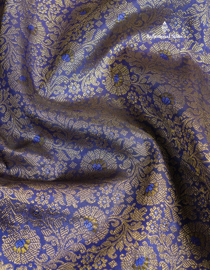 Beautiful Navy Blue Menakari Work Bridal Pure Kanjivaram Silk Saree With Self Border