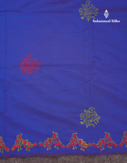 Beautiful Royal Blue South Cotton Printed Saree With Contrast Green White Blouse