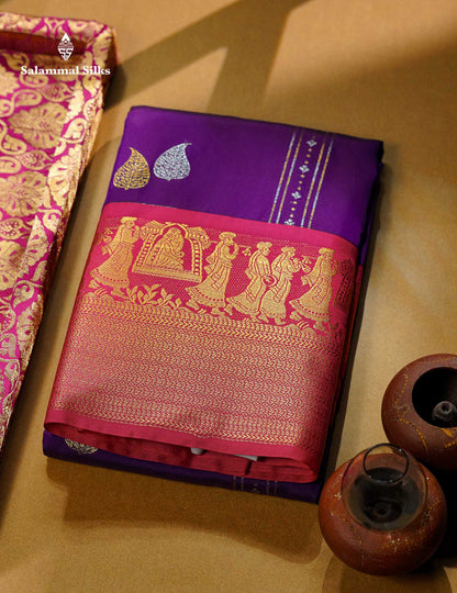 Beautiful Dark Purple Silver & Gold Zari Butta Semi Silk Saree With Contrast Pink Traditional Pallakku Evening Morning Border