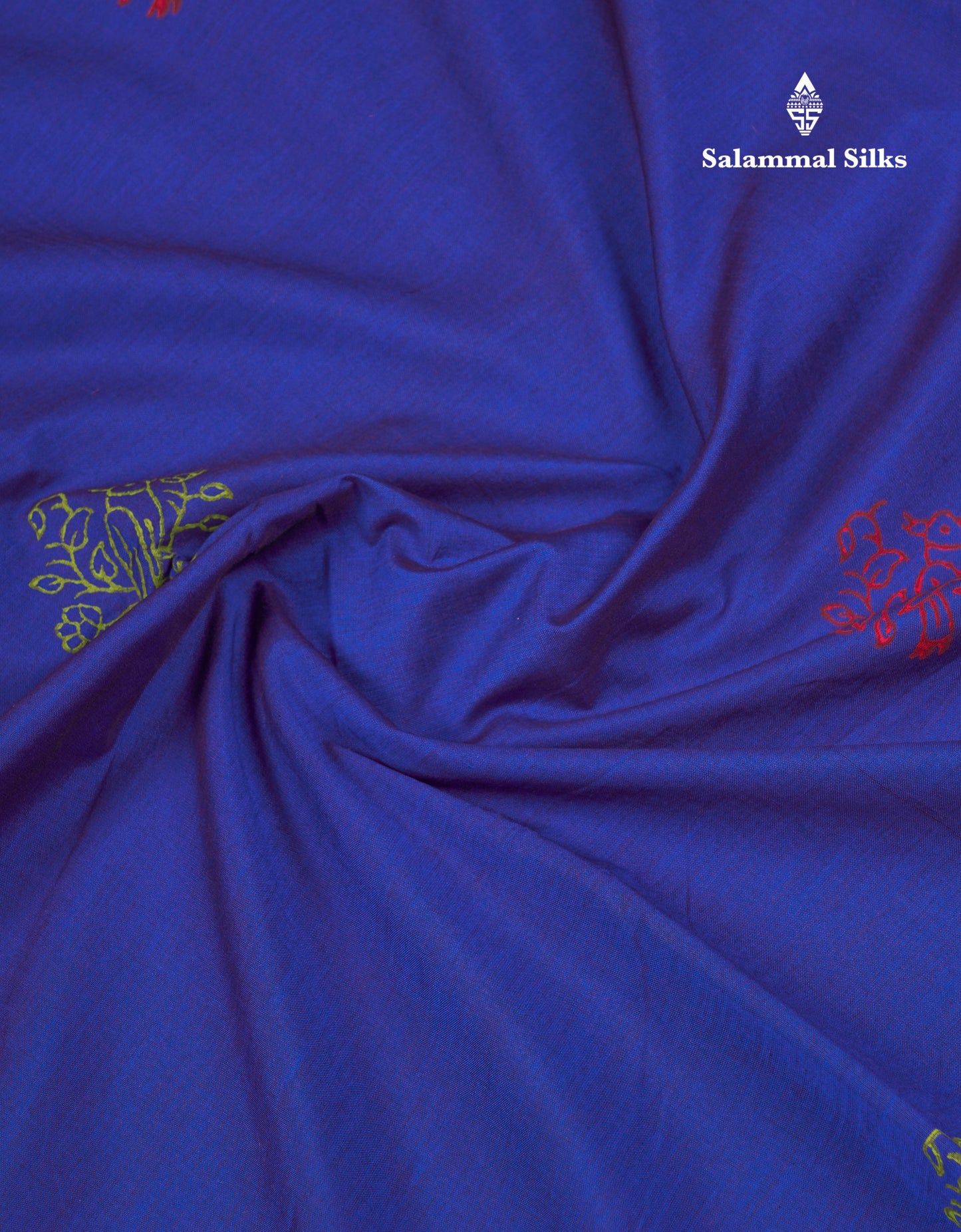 Beautiful Royal Blue South Cotton Printed Saree With Contrast Green White Blouse