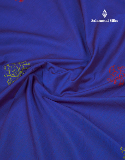Beautiful Royal Blue South Cotton Printed Saree With Contrast Green White Blouse