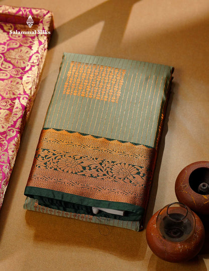 Beautiful Light Olive Green Zari Lines Semi Silk Saree With Contrast Bottle Green Traditional Border